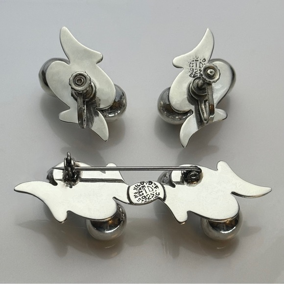 Vintage Los Castillo Taxco Sterling Silver Modernist Brooch & Earrings Set MCM - Picture 2 of 7
